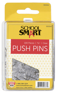 School Smart Push Pins Plastic Head/Steel Point, 3/8 inches, Clear, Pack of 100 003354
