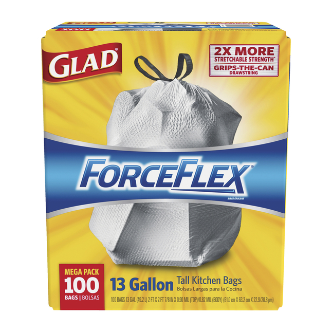 Glad ForceFlex Drawstring Stretchable Tall Trash Bags, 13 Gallon