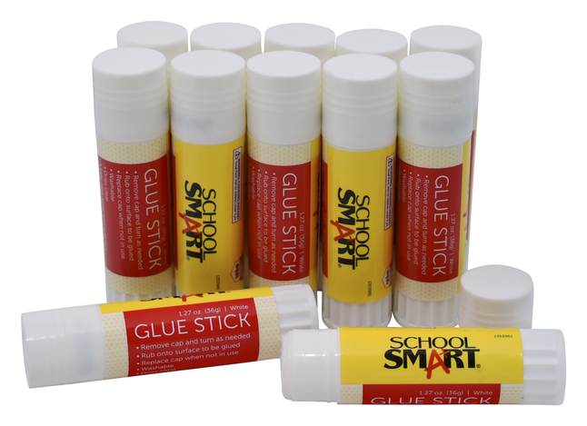 School Smart Glue Stick, White and Dries Clear, Pack of 12