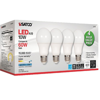 Satco 10 Watt A19 LED 5000K Light Bulbs, Pack of 4, Item Number 2050277