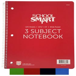 School Smart Spiral Perforated 3 Subject Wide Ruled Notebook, 10-1/2 x 8 Inches 085269