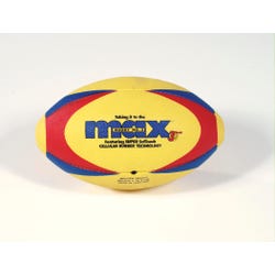 Image for Sportime Max ProRubber Rugby Ball, Size 5, Yellow with Red/Blue Pattern from School Specialty