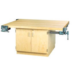 Image for Diversified Woodcrafts 4 Station Workbench with 4 Doors and 4 Vises, 64 x 54 x 31-1/4 Inches, Maple from School Specialty