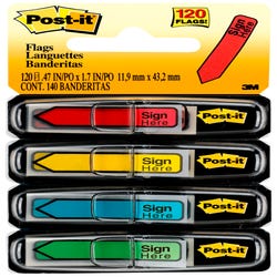 Image for Post-it 'Sign Here' Message Flags, 1/2 x 1-7/10 Inches, Red, Yellow, Green, Blue, 30 Flags per Color, Pack of 120 from School Specialty