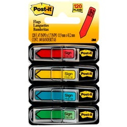 Image for Post-it 'Sign Here' Message Flags, 1/2 x 1-7/10 Inches, Red, Yellow, Green, Blue, 30 Flags per Color, Pack of 120 from School Specialty