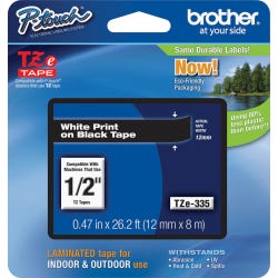 Image for Brother P-touch Tze Laminated Tape Cartridge, 1/2 Inch x 26 Feet, White/Black from School Specialty