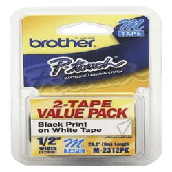 Image for Brother M Tape Cartridge, 1/2 Inch x 26 Feet, Black on White, Pack of 2 from School Specialty