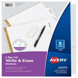Image for Avery 23075 Big Tab Write and Erase Dividers, 5 Tab, 8-1/2 x 11 Inches, White from School Specialty
