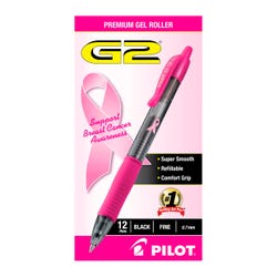 Image for Pilot G2 BCA (Breast Cancer Awareness) Premium Retractable Gel Ink Pens, Fine Point, Pink Accents, Black Ink, Pack of 12 from School Specialty