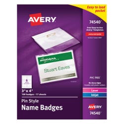 Image for Avery Name Badges with Pin Holders, 3 x 4 Inches Each, Clear, Pack of 100 from School Specialty