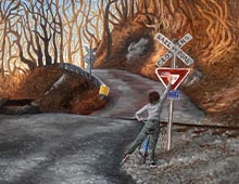 Painting of a person leaning from bicycle, placing an American flag sticker on a railroad crossing sign.