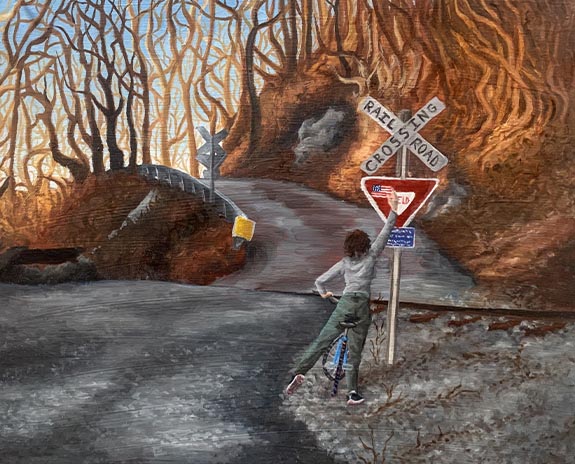 Painting of a person leaning from bicycle, placing an American flag sticker on a railroad crossing sign.