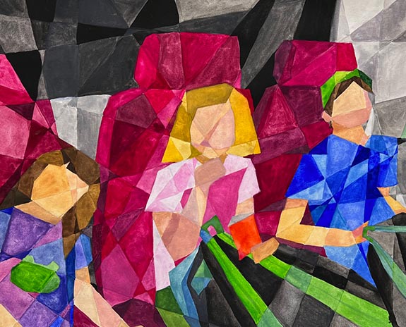A brightly colored abstract painting of three people sitting.