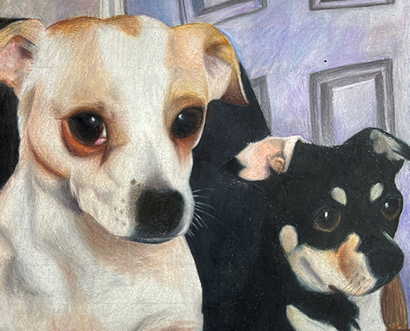 A realistic colored pencil drawing of two small dogs.