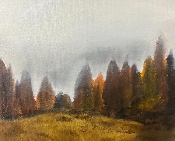 Oil painting of a grass field with brown and orange trees and a gray misty sky.