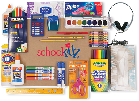 unboxed products such as crayons, markers, glue, headphones, and cleaning supplies