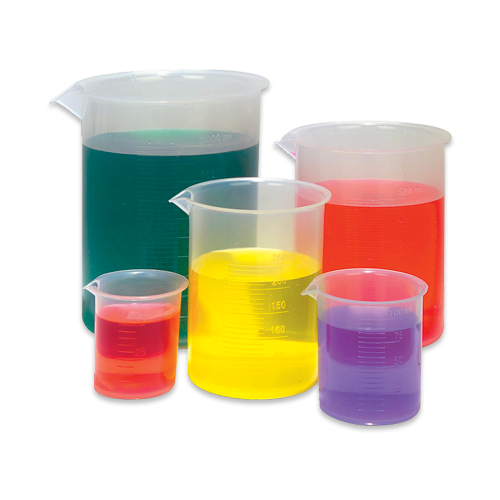 Five beakers of different sizes with different colored liquid inside
