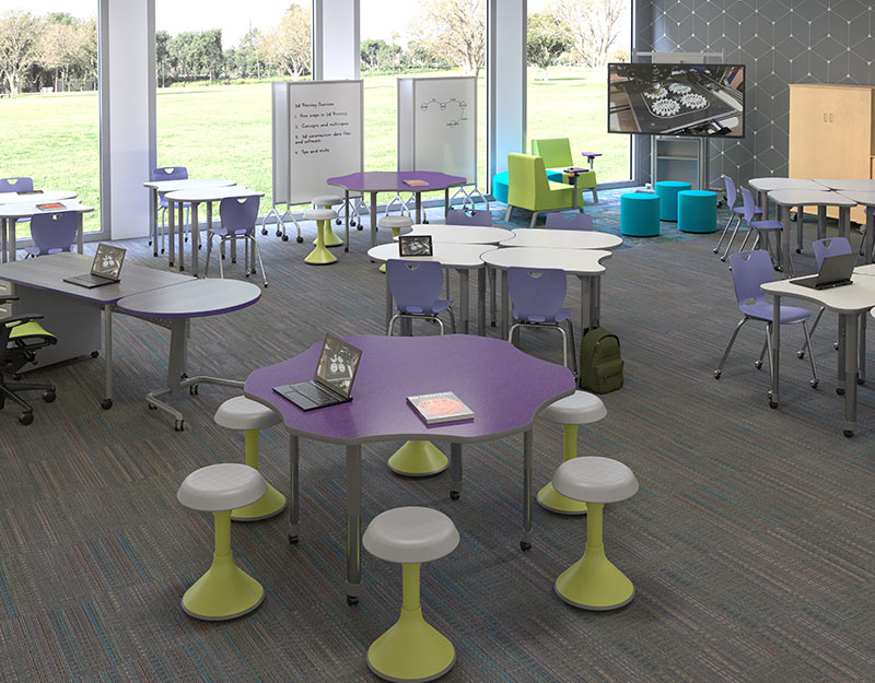 Grey and purple modern collaborative learning environment with pod seating, stools, and a tv.