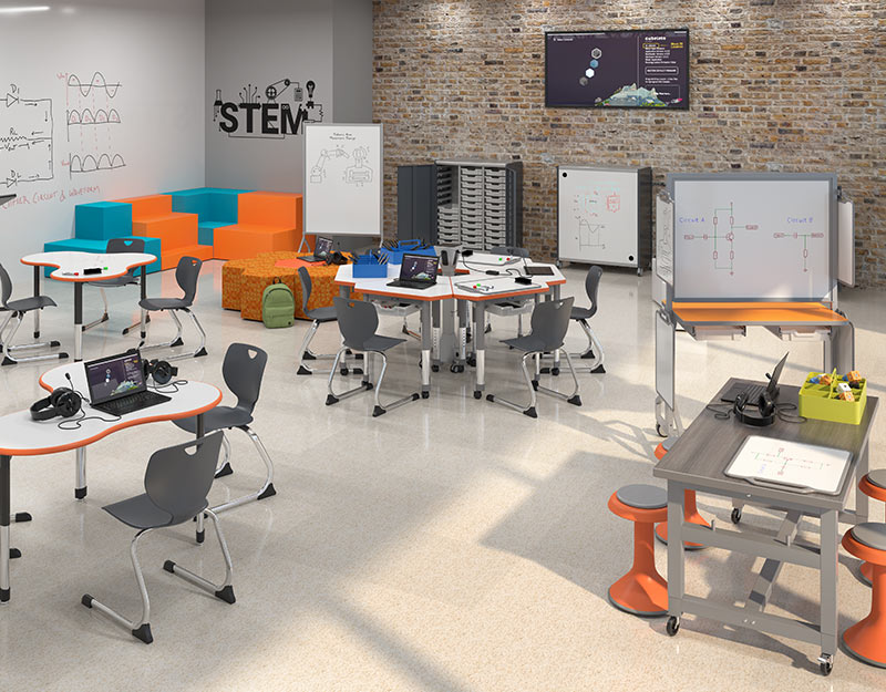 A grey and orange STEM/STEAM learning environment with pod seating, student technology, and several whiteboards.
