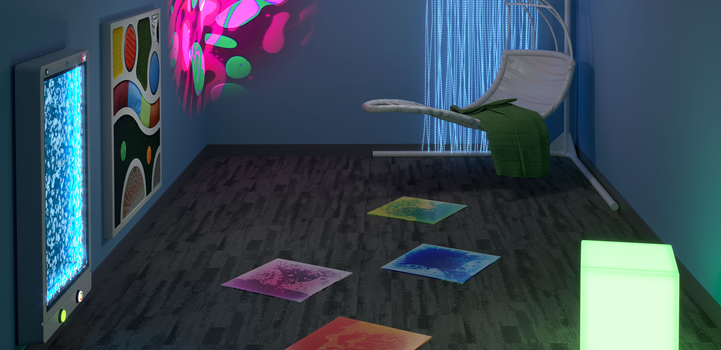 darkened room with glowing furniture and objects